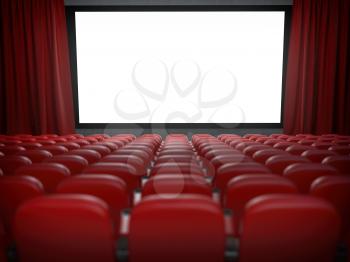 Movie theater with cinema blank screen and rows of red seats. 3d illustration