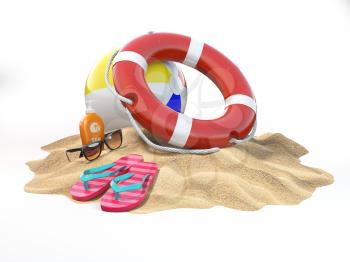 Small island with lifebelt ball and flipflops. Summer trip vacation security concept. 3d illustration