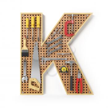 Letter K. Alphabet from the tools on the metal pegboard isolated on white.  3d illustration