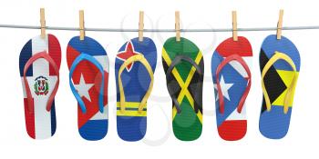 Hanging flip flops in colors of flags of different carribean countries Aruba, Bahamas, Cuba, Dominicana, Jamaica, Puerto-Rico. Travel and tourism concept. 3d illustration