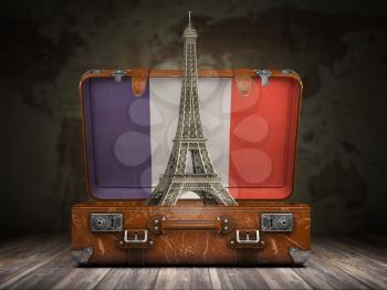 Trip to Paris. Travel or tourism to France concept. Eiffel tower and vintage suitcase with flag of France on the map of world background. 3d illustration