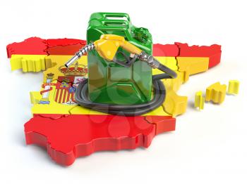 Gasoline and petrol consumption and production in Spain. Map of Spain with jerrycan and gas pump nozzle. 3d illustration