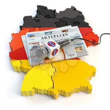 German news, press and  journalism concept. Microphone and newspaper with headline Aktuelles (german for: news)on the map in colors of the flag of Germany. 3d illustration