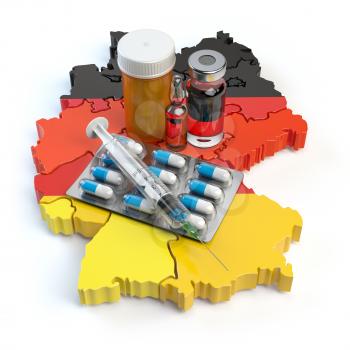 Health, healthcare, medicine and pharmacy in Germany concept. Pills, vials and syringe on the map of Germany isolated on white background. 3d illustration