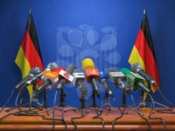 Press conference or briefing of premier minister of Germany concept,. Podium speaker tribune with Germany flags and coat arms. 3d illustration