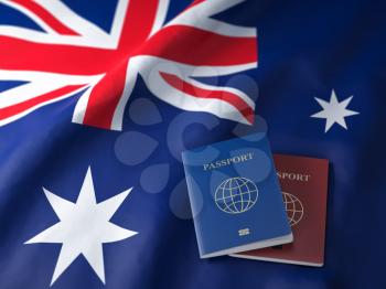 Travel, tousism  or immigration in Australia concept. Different passports on australian flag. 3d illustration