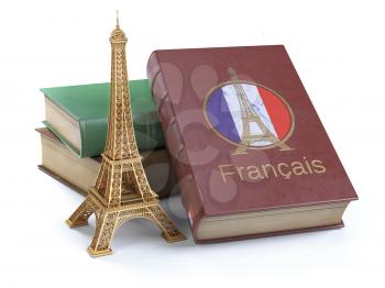 Learn and studying French concept. Book with  French flag and Eiffel tower isolated on white. 3d Illustration
