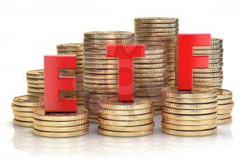 ETF exchange traded fund onthe stacks of golden coins. Stock exchenge and investment concept. 3d illustration