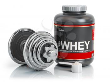 Whey protein powder  with scoop and dumbbell.Bodybuilder nutrition(supplement) concept. 3d illustration.