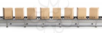 Delivery, packaging and e-commerce concept. Conveyor belt and cadrboard boxes isolated on white. 3d illustration