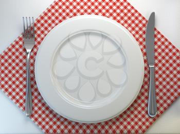 Top view of clean white plate with fork and knife on a tablecloth. 3d illustration