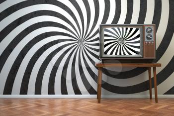 Vintage retro TV set with hypnotic spiral on the screen. Propaganda and brainwashing of the influential mass media concept.  3d illustration