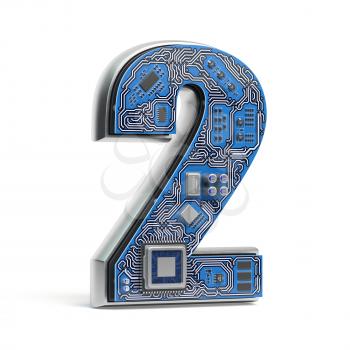 Number 2 two, Alphabet in circuit board style. Digital hi-tech letter isolated on white. 3d illustration