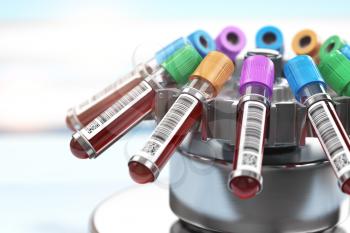 Blood test tubes in centrifuge. Plasma preparation in medical  hematology laboratory concept. 3d illustration