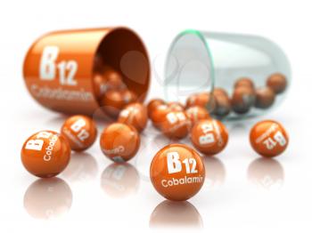 Vitamin B12 capsule isoilated on white. Pill with cobalamin. Dietary supplements. 3d illustration