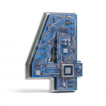 Number 4 four, Alphabet in circuit board style. Digital hi-tech letter isolated on white. 3d illustration