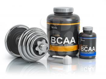 BCAA  branched-chain amino acid with scoop and dumbbell.Bodybuilder nutrition(supplement) concept. 3d illustration.
