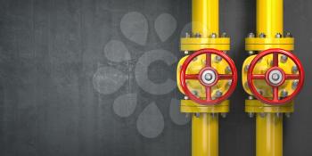 Gas pipeline valve on a wall. Space for text. Gas pressure control. 3d illustration