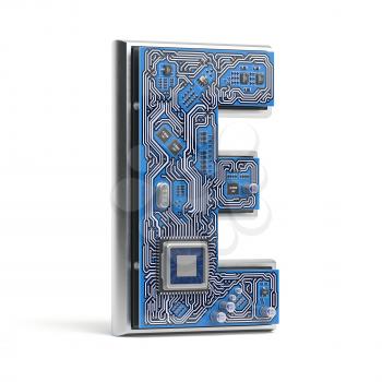 Letter E, Alphabet in circuit board style. Digital hi-tech letter isolated on white. 3d illustration