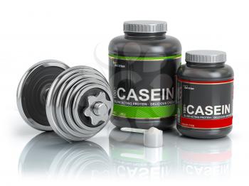 Casein protein with scoop and dumbbell.Bodybuilder nutrition(supplement) concept. 3d illustration.