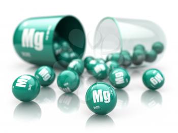 Capsule with magnesium Mg  element.  Dietary supplements. Vitamin capsule isolated on white. 3d illustration