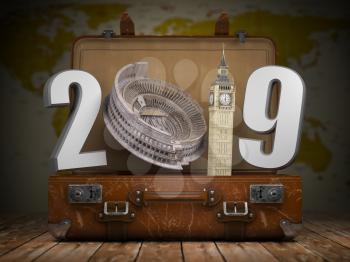 2019 Happy new year. Vintage suitcase with number 2019 as Coloisseum and Big Ben tower. Travel and tourism concept. 3d illustration