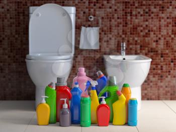 Detergent bottles and containers. Cleaning supplies in wc bathroom toilet  interior backgrount. Home cleaning service concept. 3d illustration