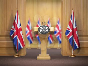 Briefing of prime minister or queen of UK  Great Britain. Podium speaker tribune with flags of Great Britain and UK coat of arms. Politics concept. 3d illustration