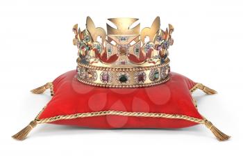 Golden crown with jewels on red velvet pillow for coronation isolated on white. 3d illustration