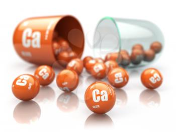 Capsule with calcium CA element Dietary supplements. Vitamin pill. 3d illustration
