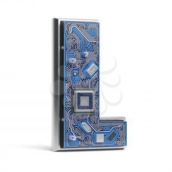 Letter L.  Alphabet in circuit board style. Digital hi-tech letter isolated on white. 3d illustration
