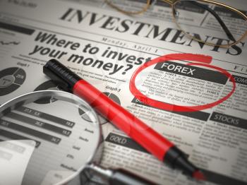 FOREX is the best option to invest. Where to Invest concept, Investmets newspaper with loupe and marker. 3d illustration