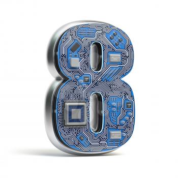 Number 8 eight, Alphabet in circuit board style. Digital hi-tech letter isolated on white. 3d illustration