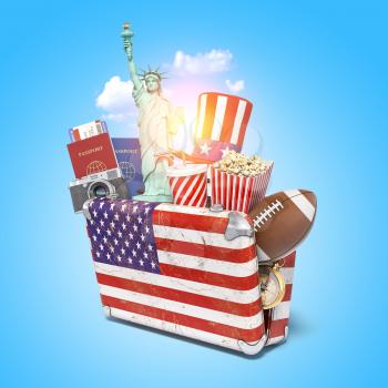 Trip or travel to New York and USA concept. National and cultural symbols of United States in the vintage suitcase, 3d illustration