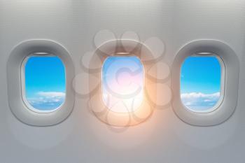 Airplane windows. Travel and tourism fliight concept. 3d illustration