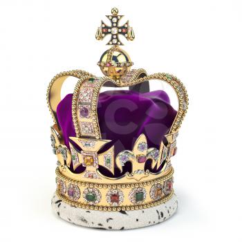 Golden crown with jewels isolated on white. English royal symbol of UK monarchy. 3d illustration