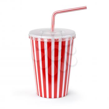 Red striped paper or plastic glass with  soda water, drinking straw, tea or coffee. 3d illustration