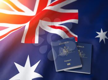 Passport of Australia on the australian flag. Getting a passport of Australia,  naturalization and immigration concept. 3d illustration