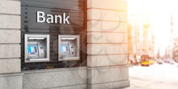 Bank ATM automatic  teller machines for money withdrawing. The station of self service automatic machines, Concept of banking. 3d illustration
