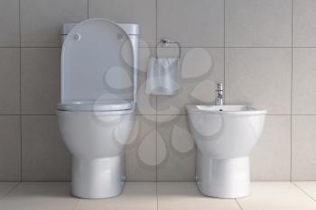 Toilet bowl and bidet in the modern bathroom. 3d illustration
