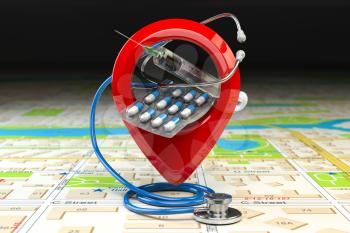 Hospital or pharmacy location and direction concept. Pin or map point with pills, stethoscope and jerring on the map of the city. 3d illustration