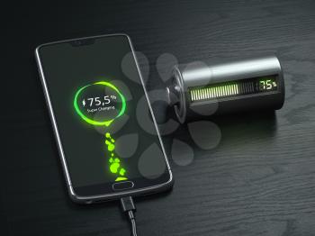 Charging of a mobile phone battery concept.  Smartphone and battery charge indicator on black wooden table. 3d illustration