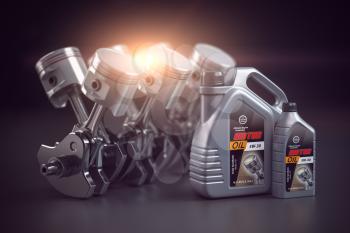 Engine, crankshaft and pistons with motor oil canister. Auto service concept. 3d illustration
