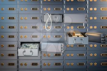 Open safe deposit box with money, jewels and golden ingots. Financial banking investment concept. 3d illustration