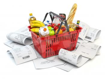 Grocery expenses budget  and consumerism. Shopping basket with foods on the pile of receipt isolated on white. 3d illustration