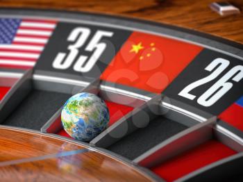 Earth as a ball of casino roulette with  flag of China in winning number. Time of world leadership of China and winning in world trade war concept, 3d illustration