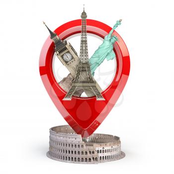 Travel and tourism concept. Pin pointer with famous tourist attractions isolated on white. Eiffel tower, big ben, statue of liberty and coliseum. Geo tag. 3d illustration