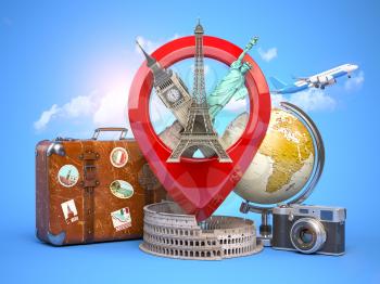 Travel and tourism concept. Pin pointer with famous tourist attractions, camera, suitcase and airplane. Eiffel tower, big ben, statue of liberty and coliseum. 3d illustration