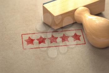 Five stars printed on craft paper with stamp. Rating, best choice, customer experience and high quality level concept.