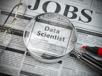 Data scientist vacancy in the ad of job search newspaper with loupe. 3d illustration